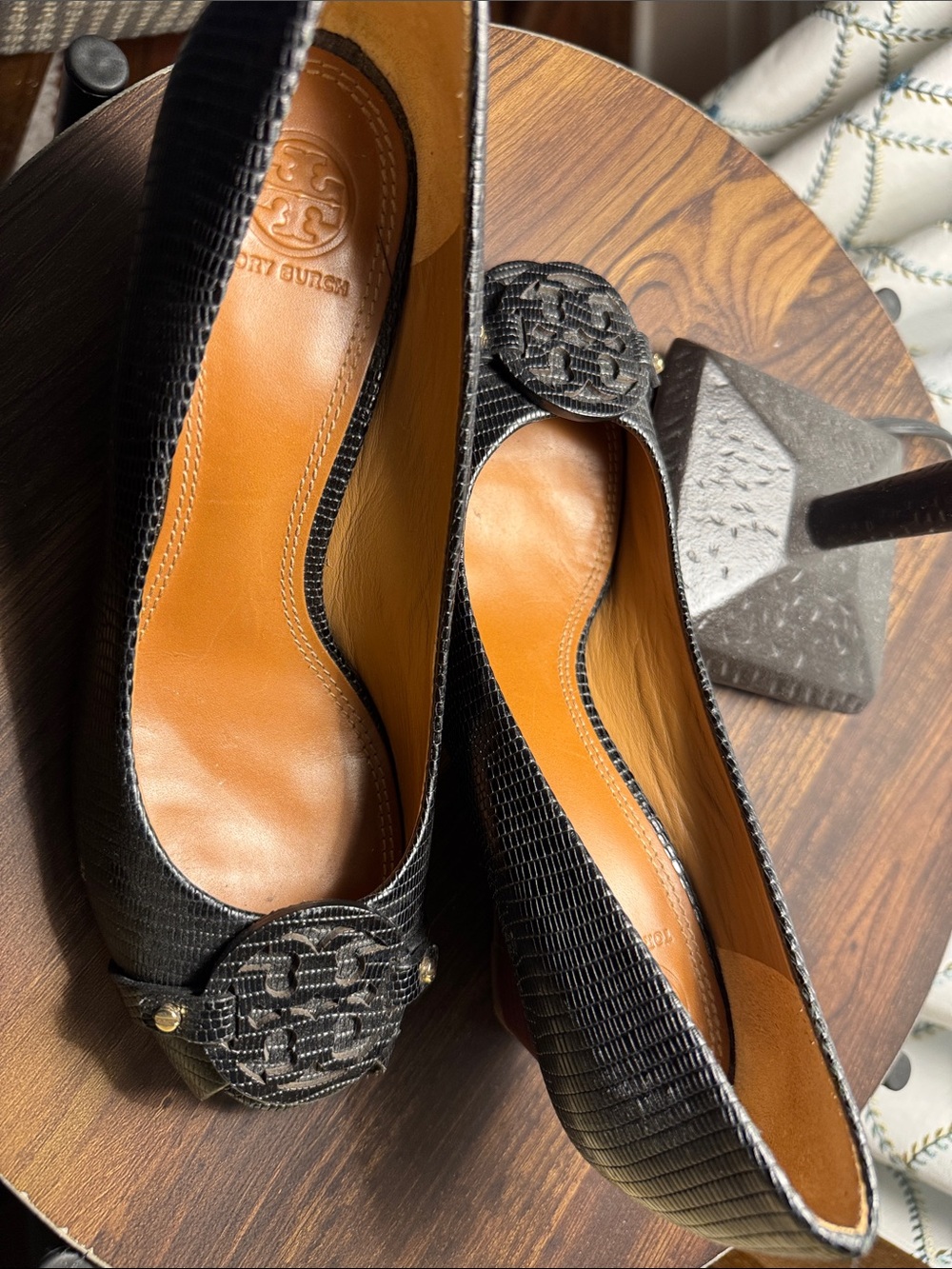 Tory Burch Black Textured Leather wedge